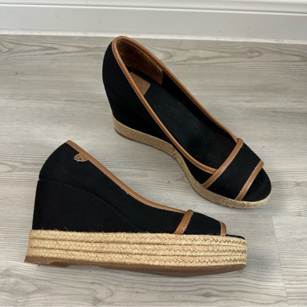 Tory Burch NEEDS A LOVING HOME Majorca Open Toe Canvas Wedge Black Size 7